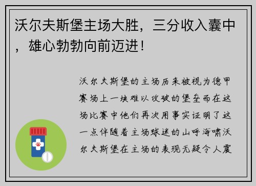 沃尔夫斯堡主场大胜，三分收入囊中，雄心勃勃向前迈进！